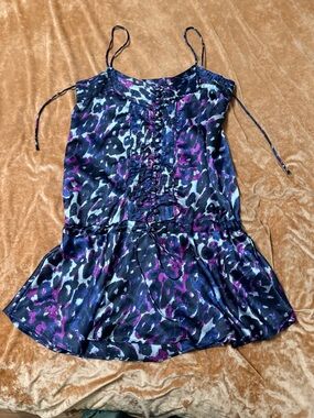 John John Satin M Animal Print Purple Black Strap Mini Dress Medium Cocktail